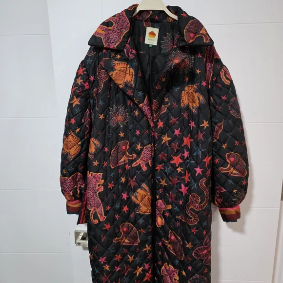 Farm Rio Quilted Star & Animal Print Coat - Black with Pink & Orange - Picture 2 of 7